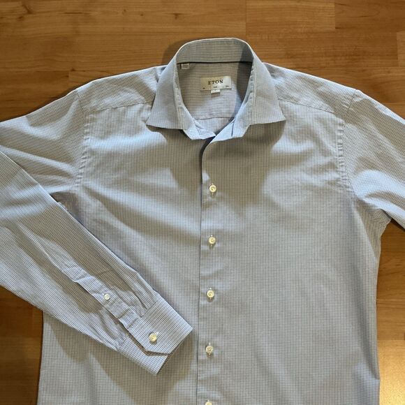 Eton‎ Dress Shirt Slim Blue Long Sleeve Button Up Micro Check Preppy Mens Large - Picture 6 of 12